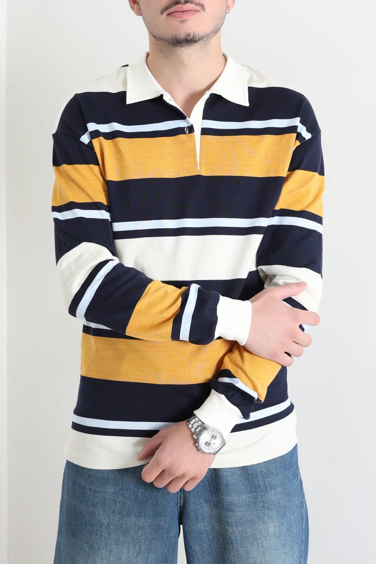 Polo Yaka Çizgili İnterlok Erkek Sweat Lacivertsarı