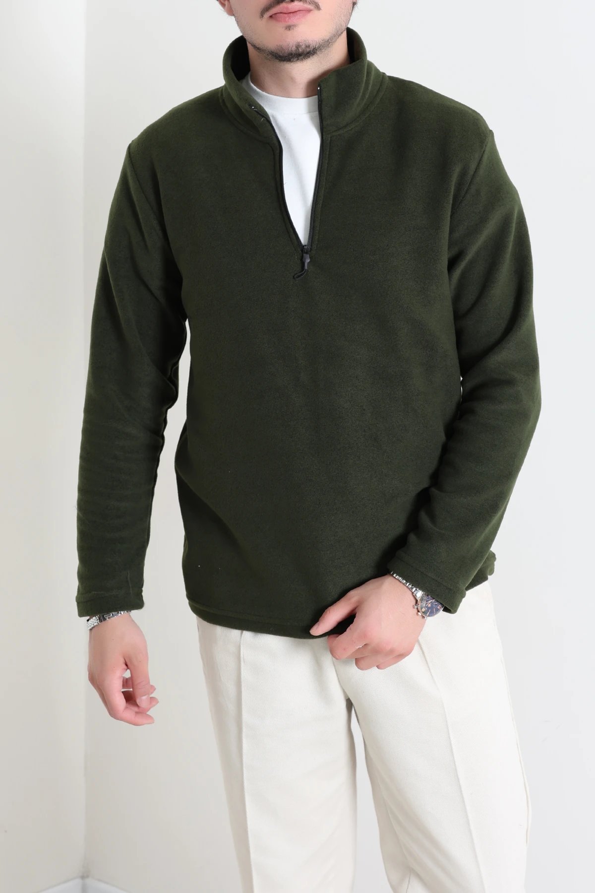 Yarım Fermuarlı Polar Erkek Sweat Haki