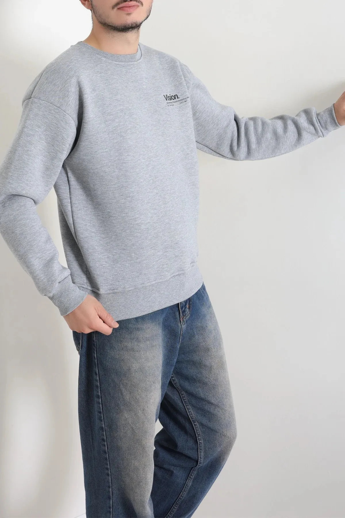 Bisiklet Yaka Baskılı Şardonlu 3 İplik Erkek Sweat Gri