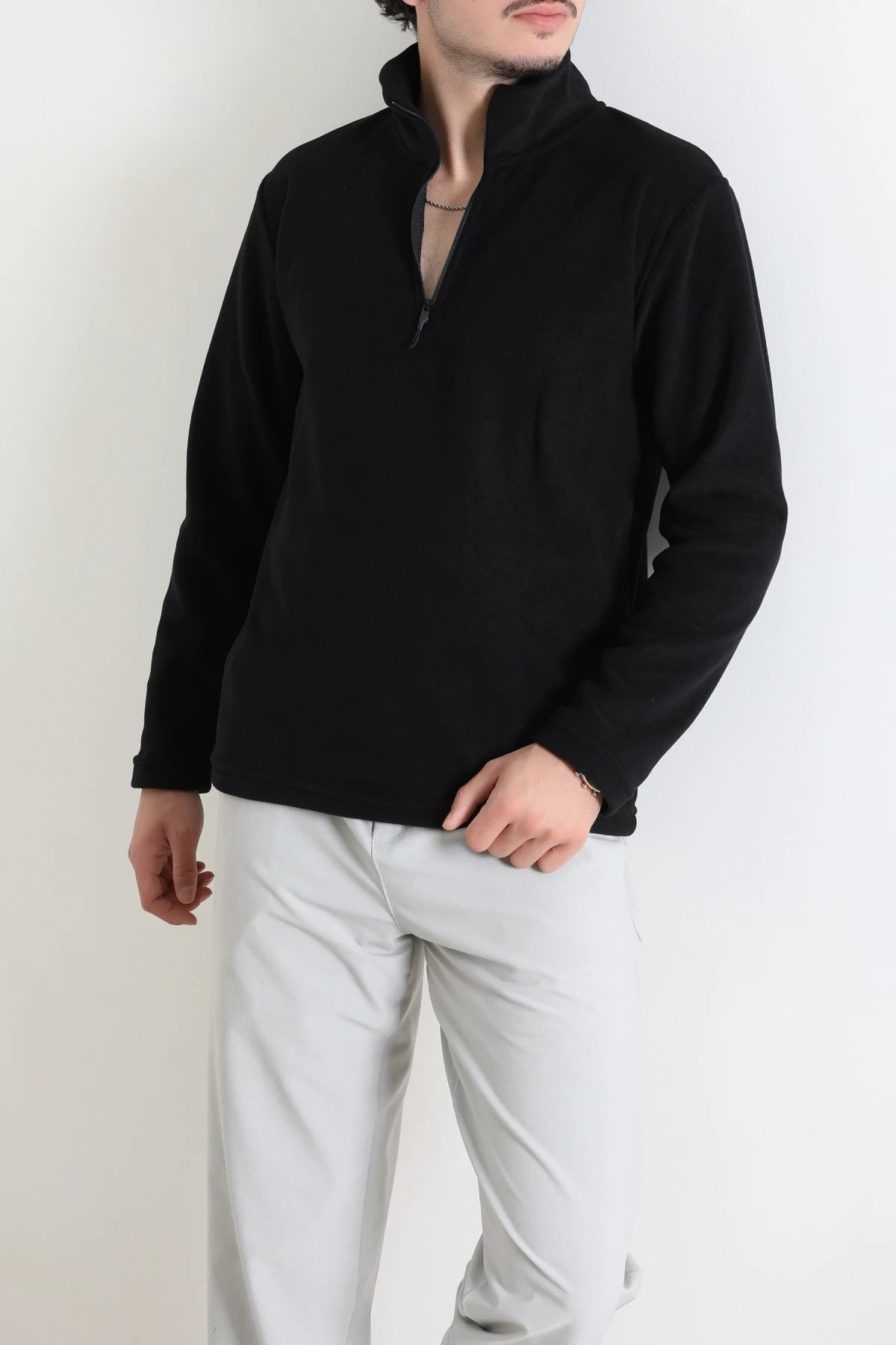 Yarım Fermuarlı Polar Erkek Sweat Siyah