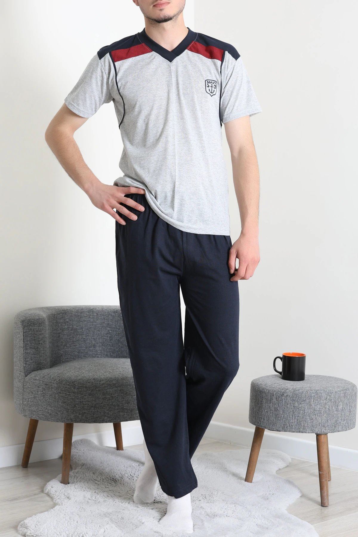 V Yaka Erkek Pijama Takımı Gri - 41534.1838.
