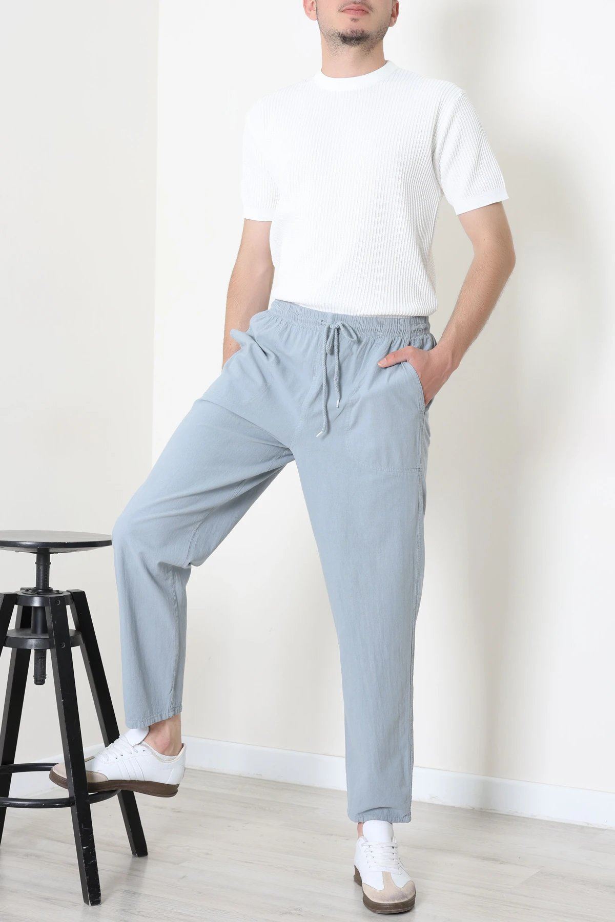 Beli Lastikli Keten Rahat Kesim Erkek Pantolon Açıkmavi - 71607.2170.
