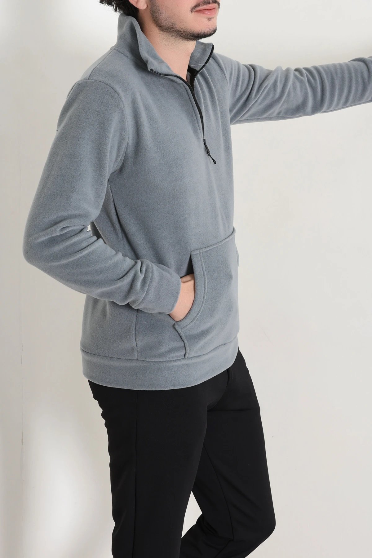 Yarım Fermuar Kanguru Cepli Erkek Polar Sweat Füme