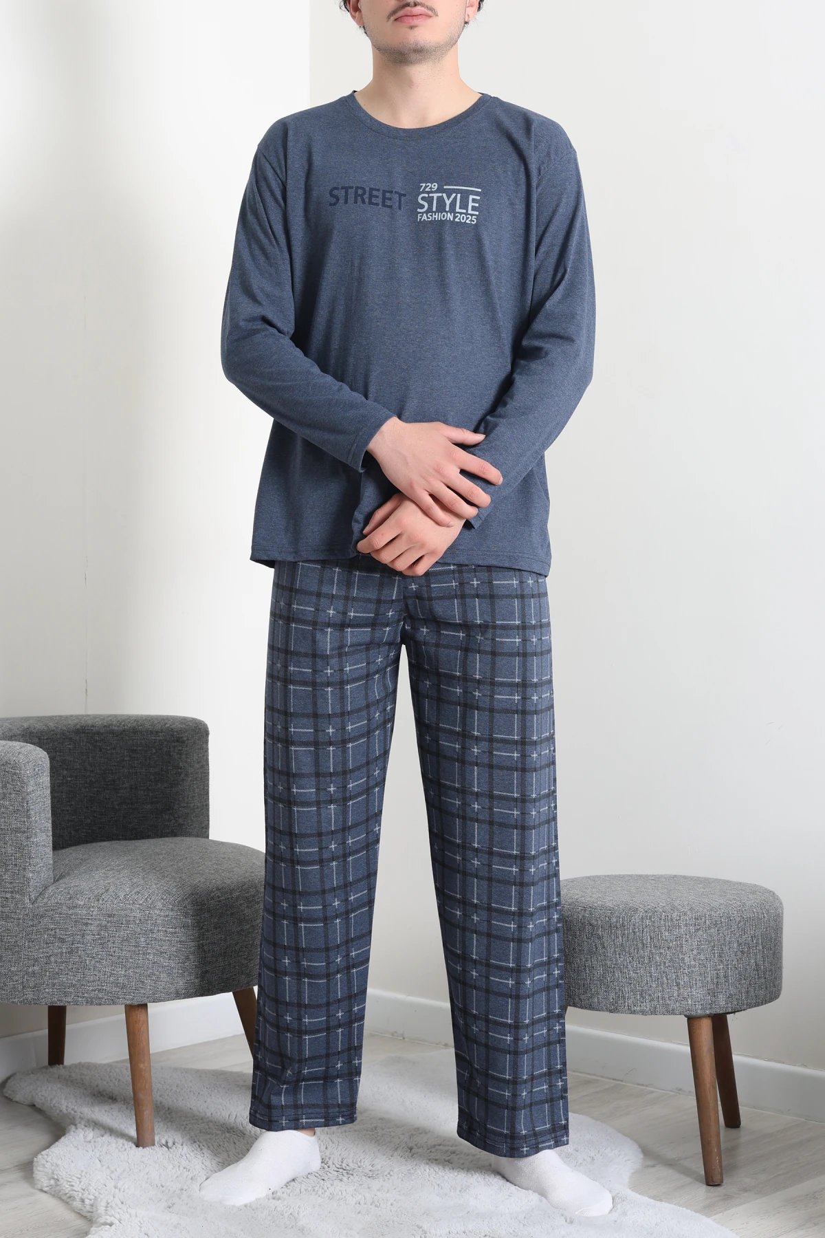 Süprem Ekose Bisiklet Yak Uzun Kol Cepli Erkek Pijama Takımı Lacivert