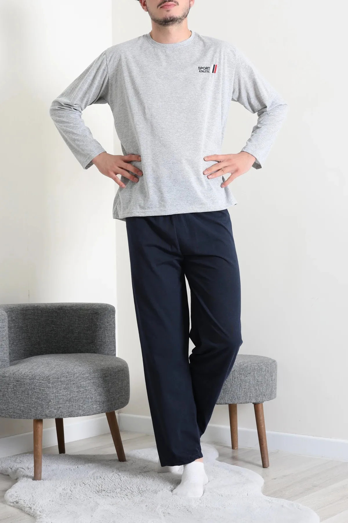Süprem Nakışlı Erkek Pijama Takımı Gri Model TV-96905