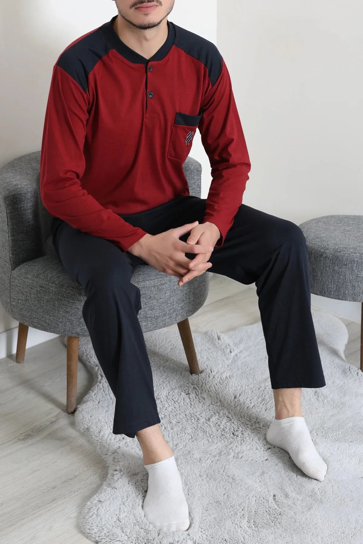 Süprem Nakışlı Erkek Pijama Takımı Bordo Model TV-96898