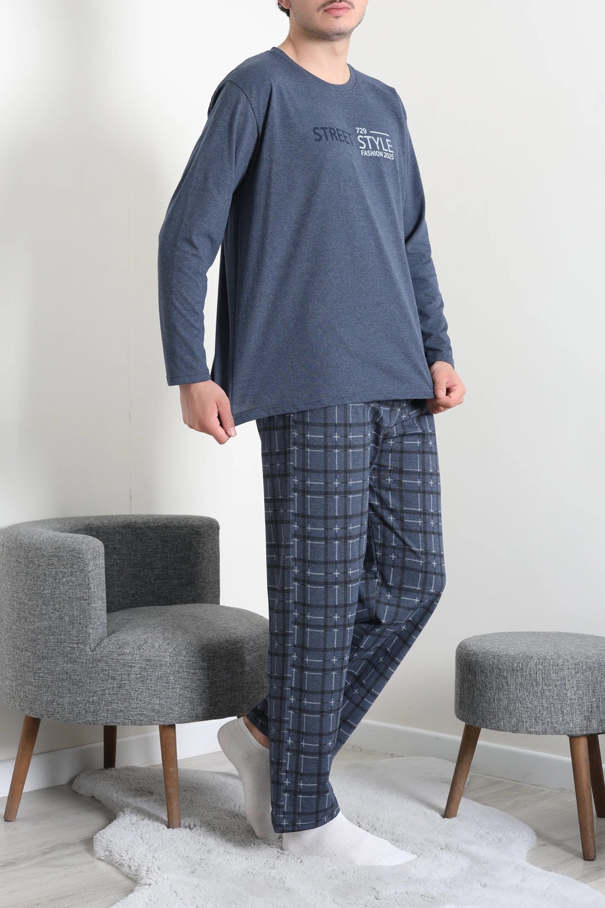 Süprem Ekose Bisiklet Yak Uzun Kol Cepli Erkek Pijama Takımı Lacivert