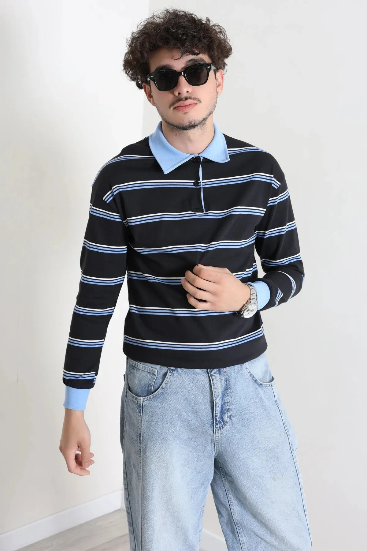 Polo Yaka Çizgili İnterlok Erkek Sweat Lacibeyaz
