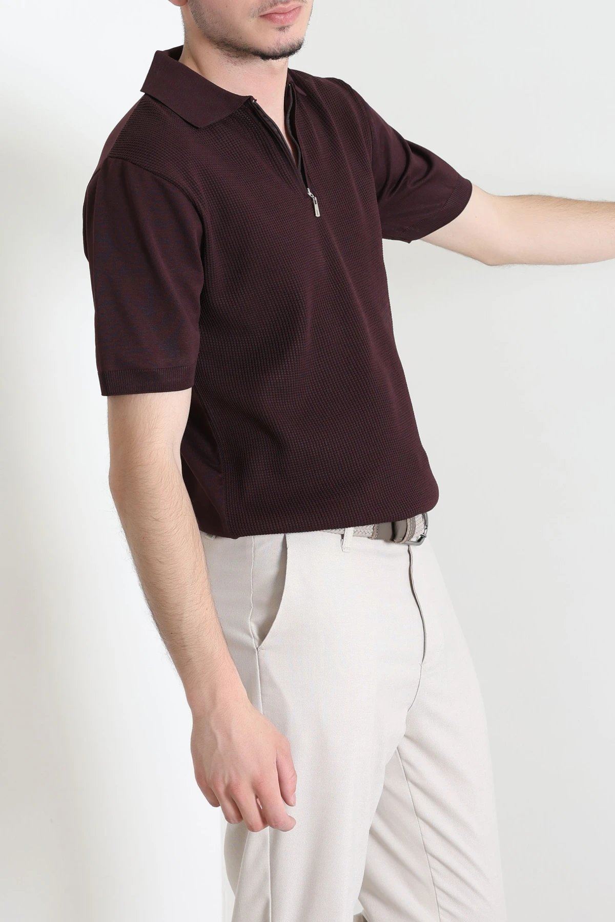 Polo Yaka Fermuarlı Kısa Kollu Erkek Triko Mürdüm - 71658.518.