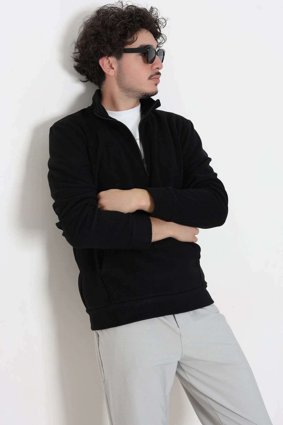 Yarım Fermuar Kanguru Cepli Erkek Polar Sweat Siyah