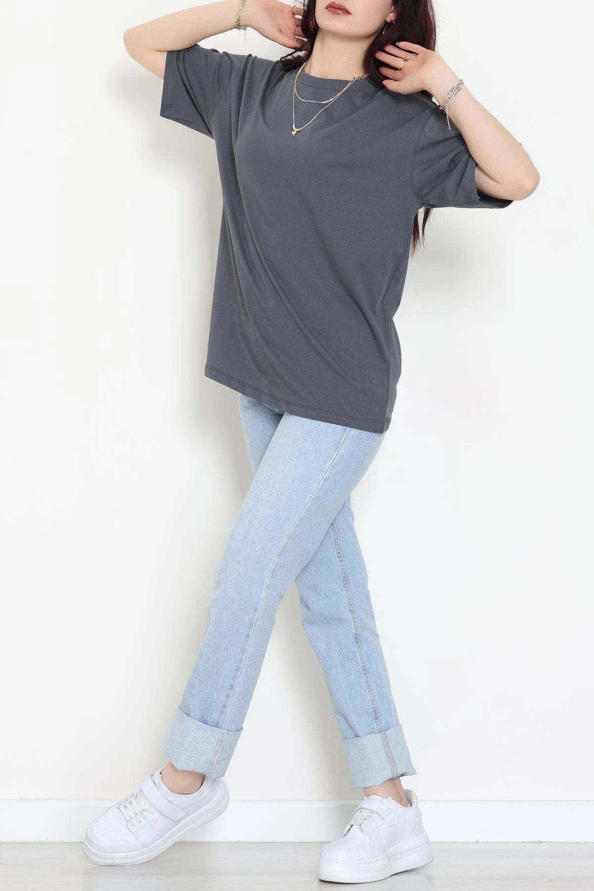 Kompak Penye Unisex Baskısız Oversize Tişört Antrasit - 55045.1872.