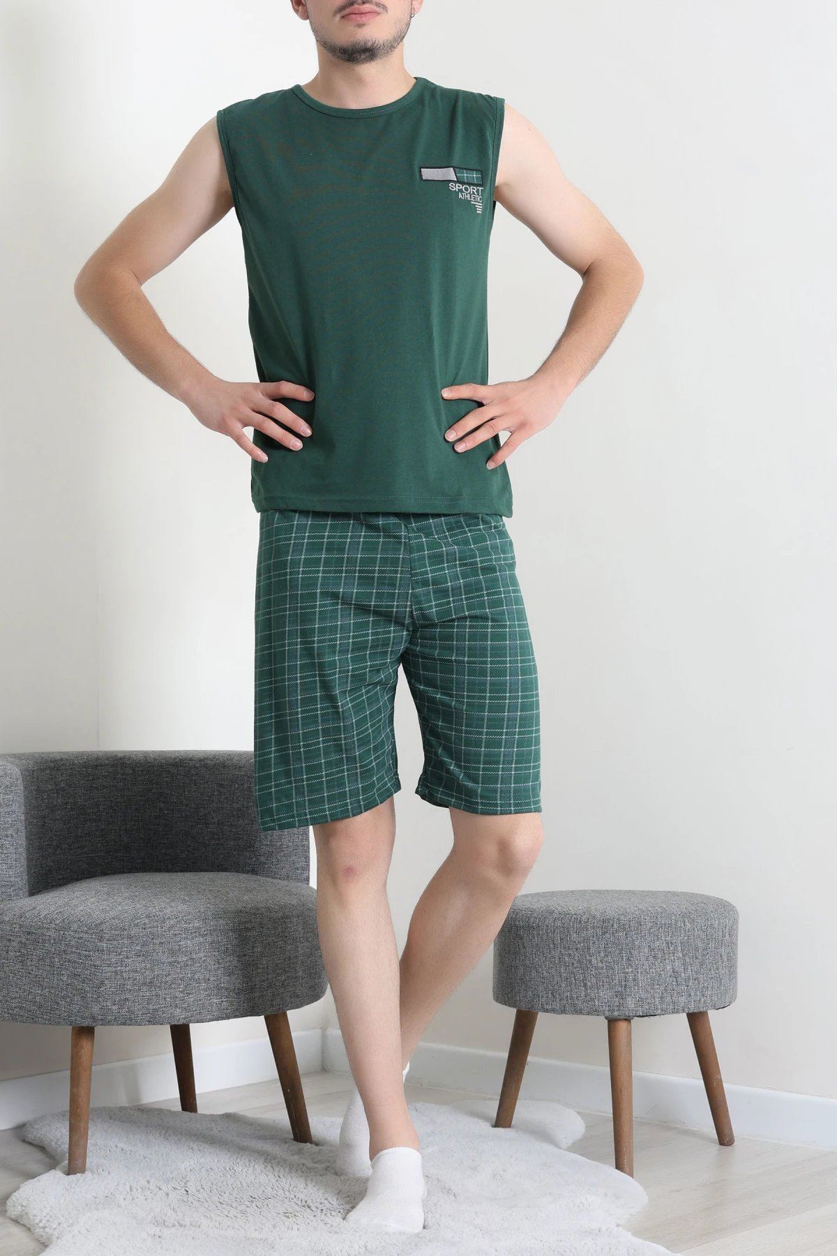 Süprem Ekose Şortlu Erkek Pijama Takım Yeşil