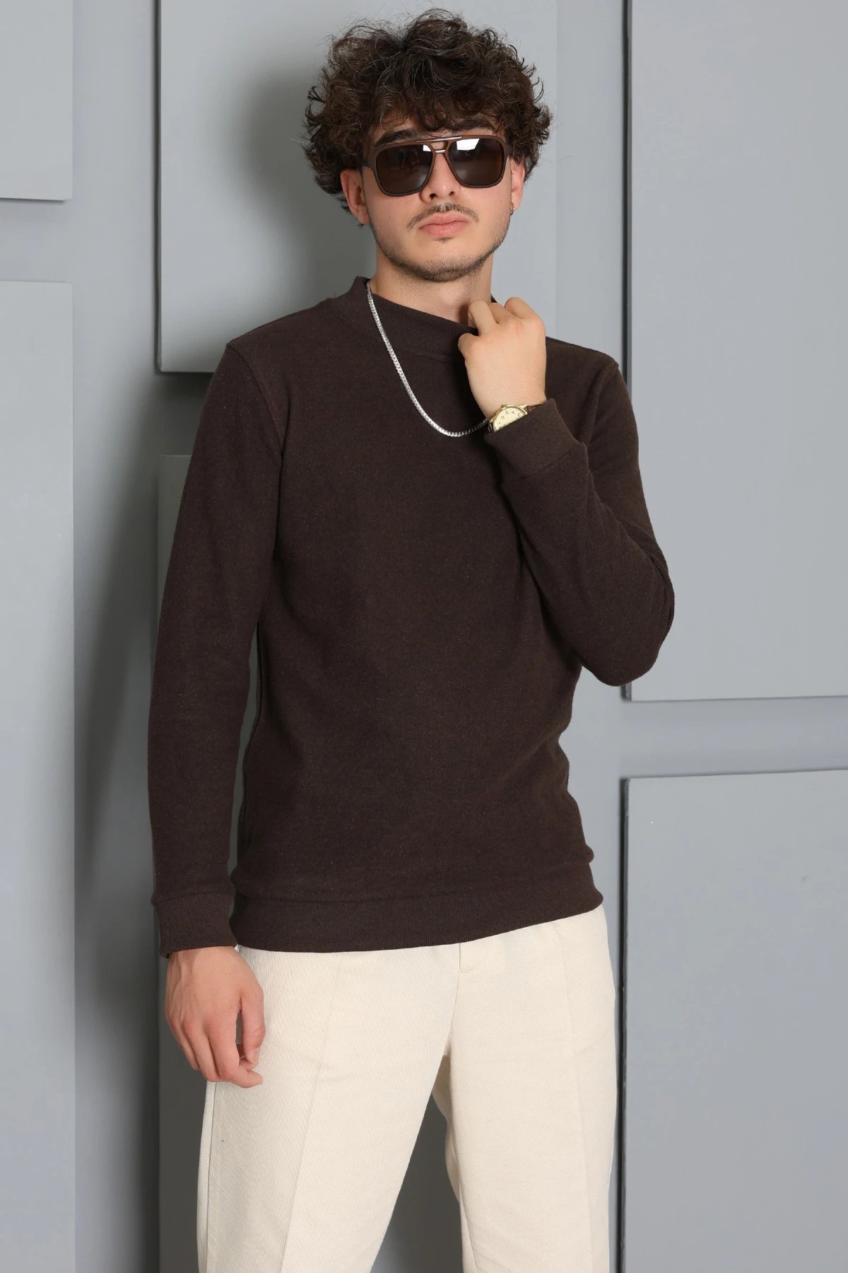 Selanik Yarım Boğazlı Erkek Sweat Açık Kahve