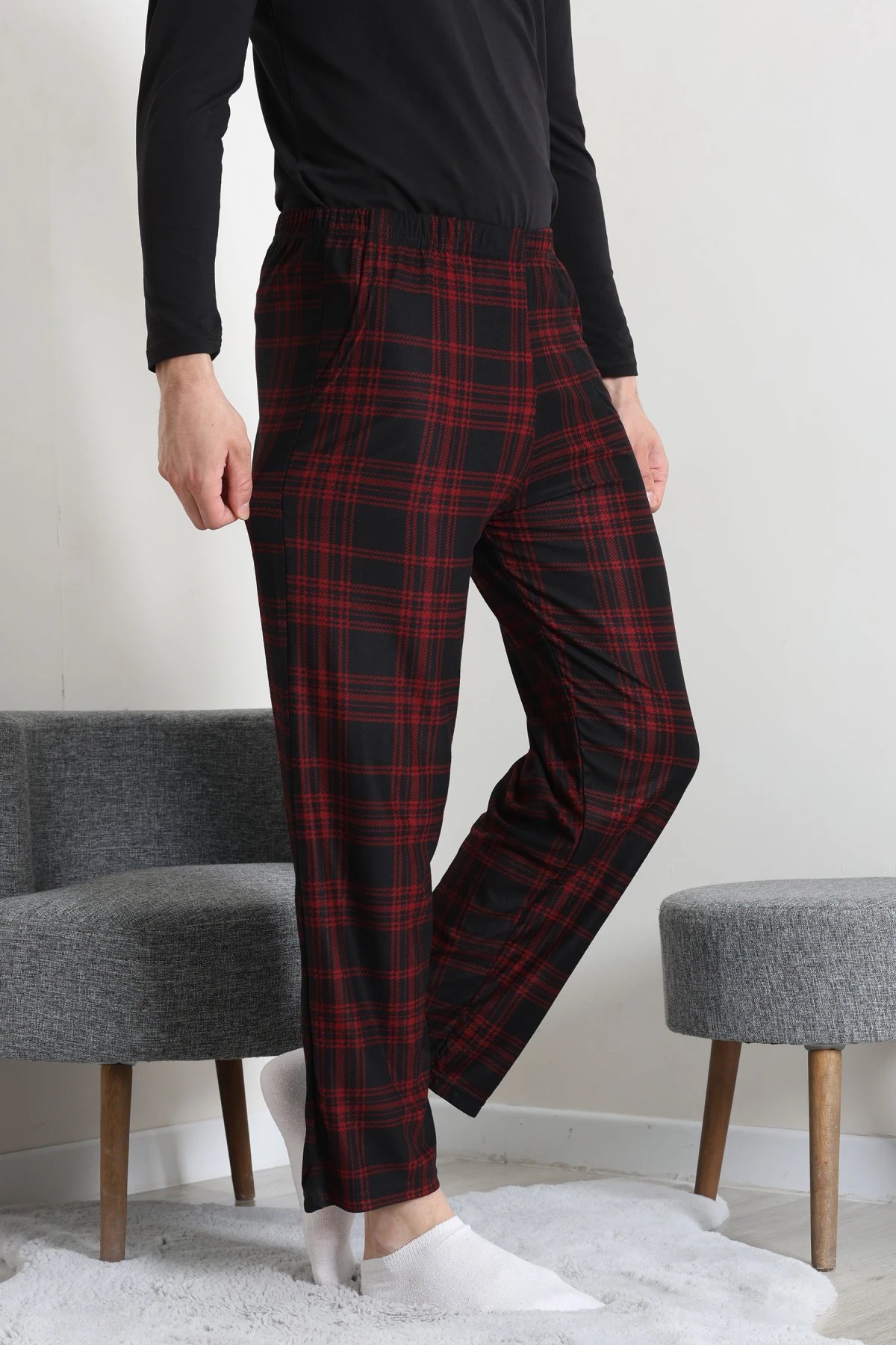 Süet Cepli Erkek Pijama Alt Bordo