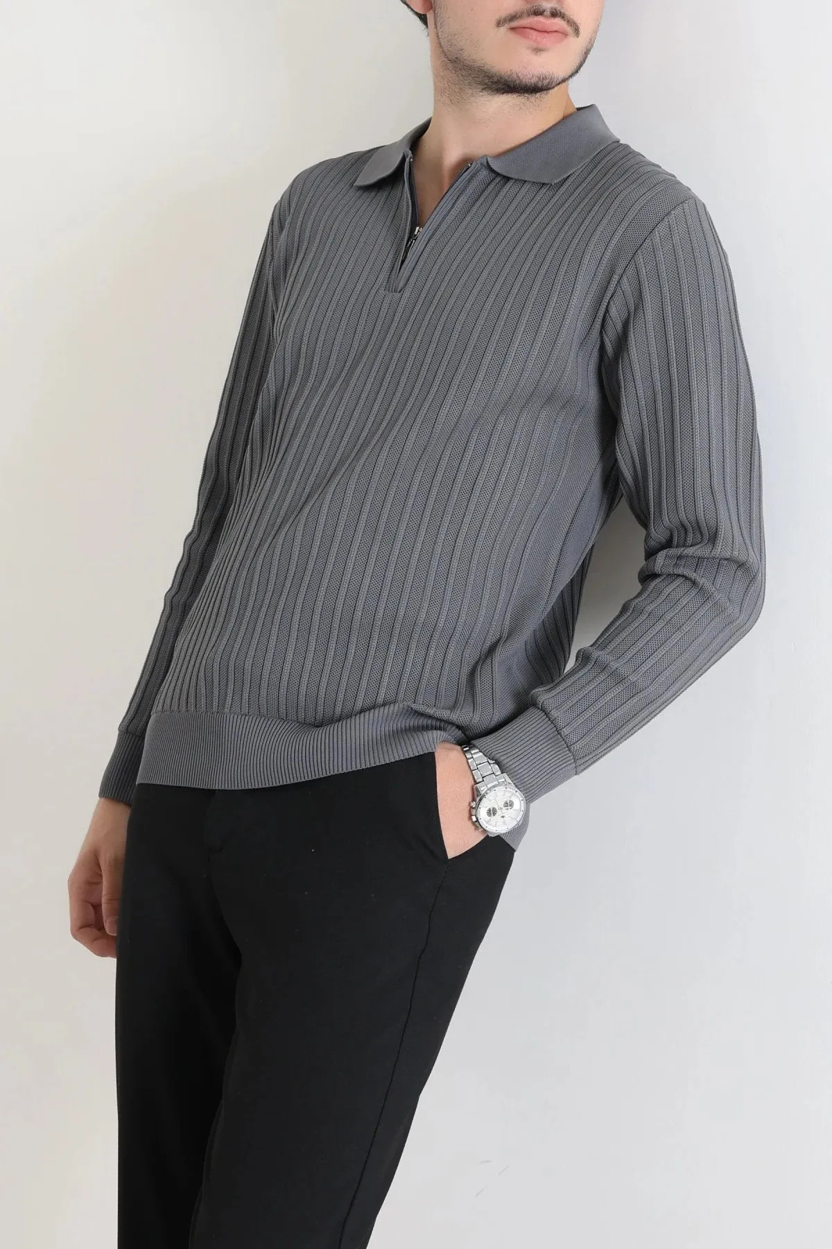 Yarım Fermuarlı Polo Yaka Erkek Triko Antrasit