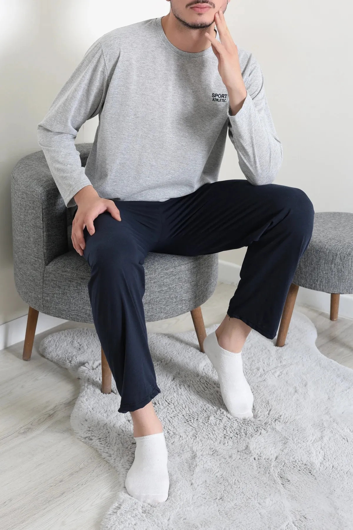 Süprem Nakışlı Erkek Pijama Takımı Gri Model TV-96905
