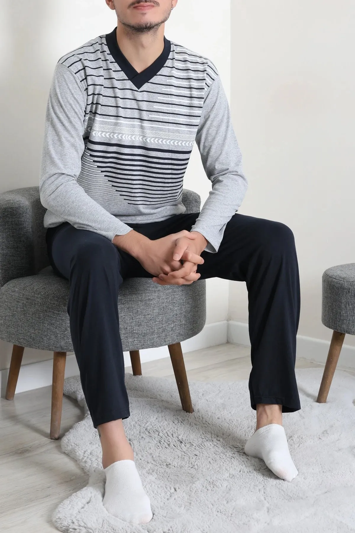 Süprem V Yaka Erkek Pijama Takımı Gri