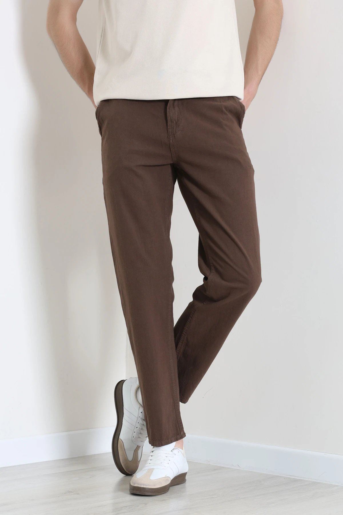 Regular Fit Keten Erkek Pantolon Kahve - 71879.1947.