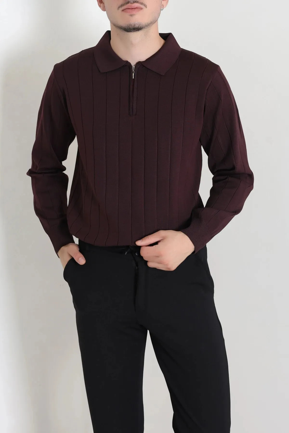Polo Yaka Yarım Fermuarlı Erkek Triko Mürdüm