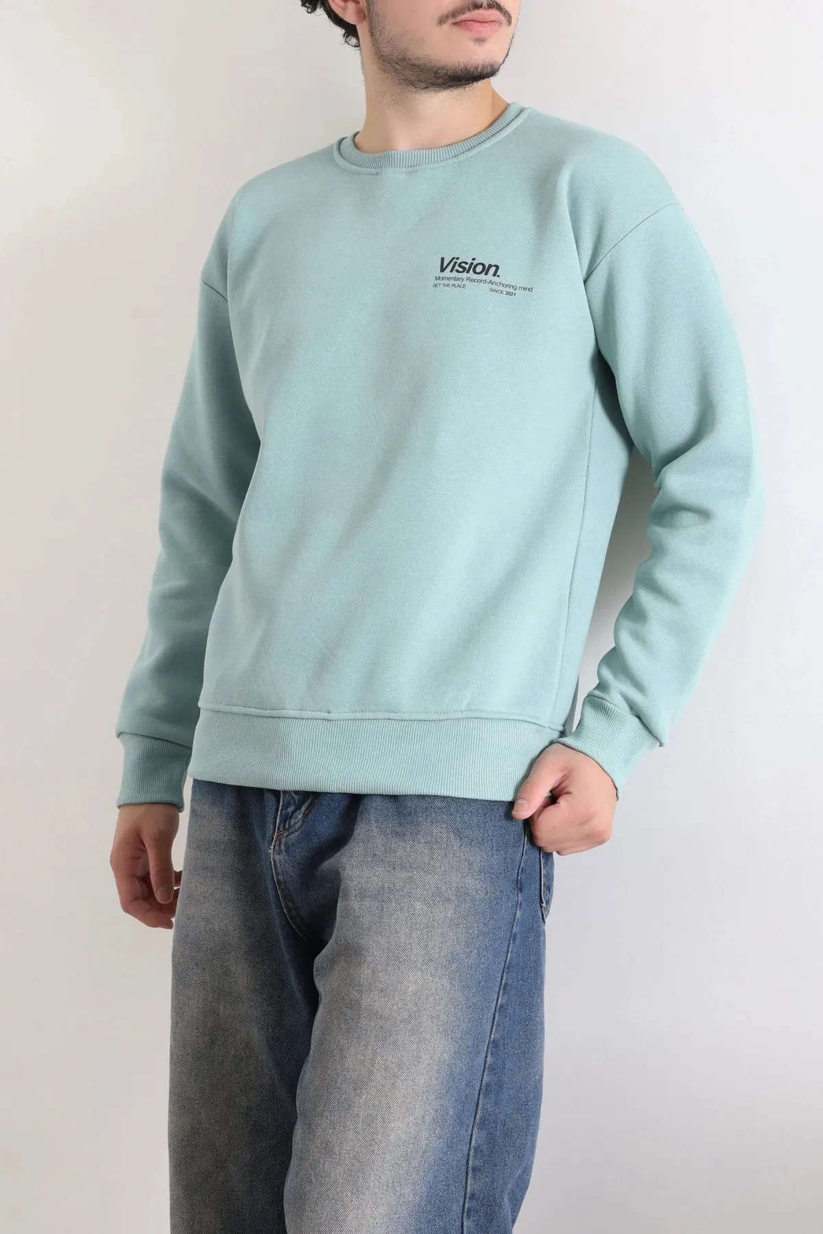 Bisiklet Yaka Baskılı Şardonlu 3 İplik Erkek Sweat Suyeşili