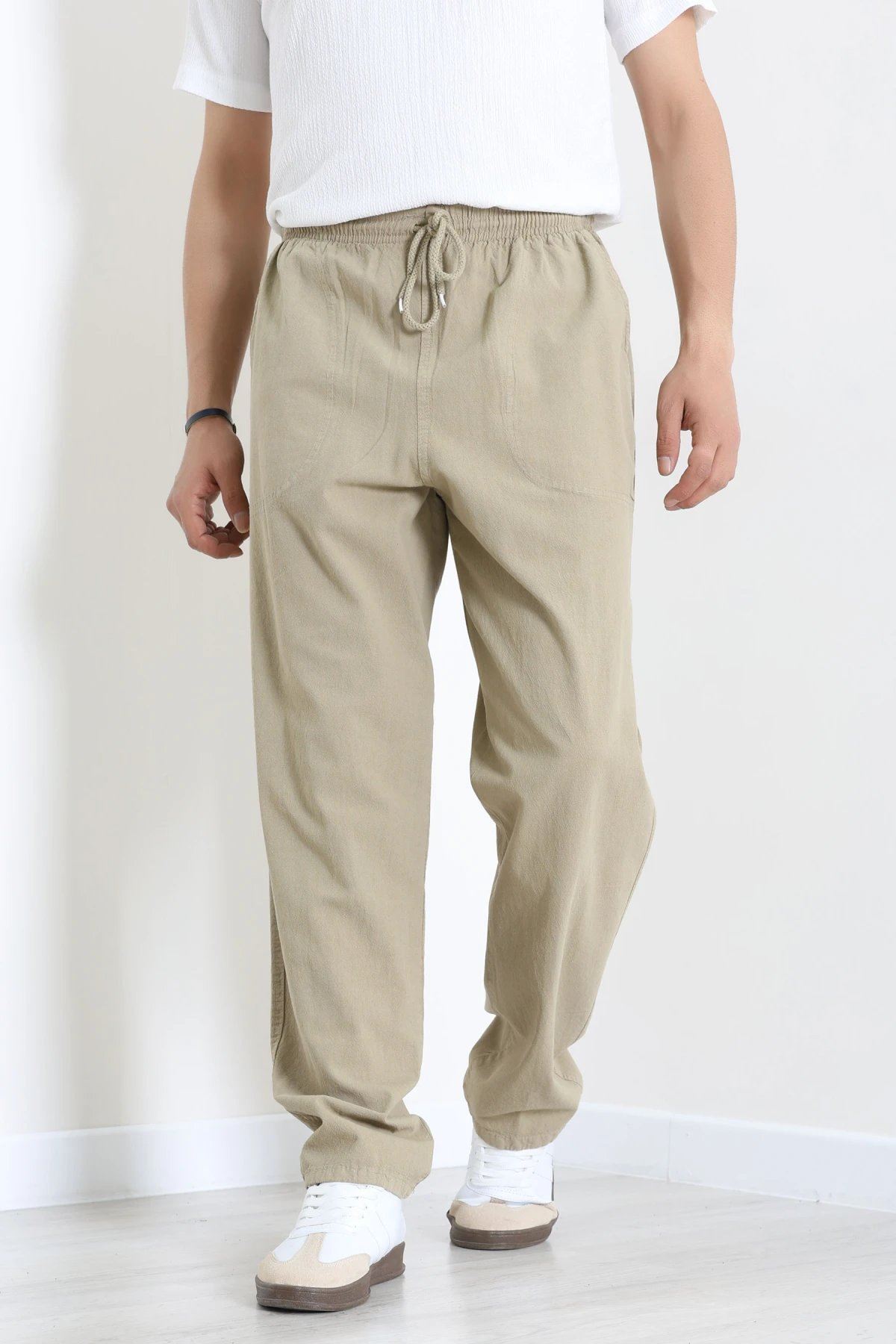 Beli Lastikli Keten Rahat Kesim Erkek Pantolon Bej - 71607.2170.