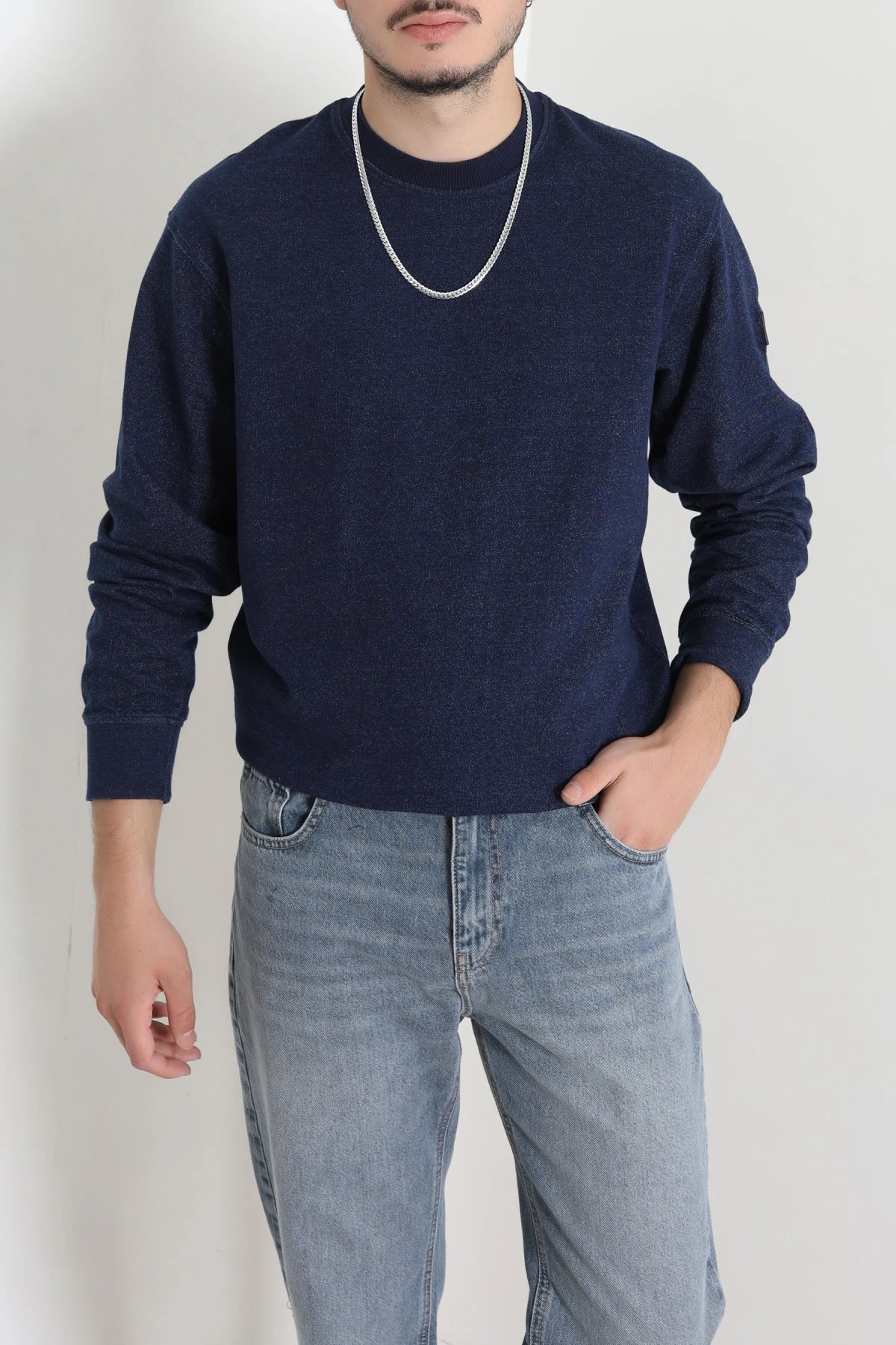 Bisiklet Yaka Uzun Kol Erkek Sweatshirt Lacivert