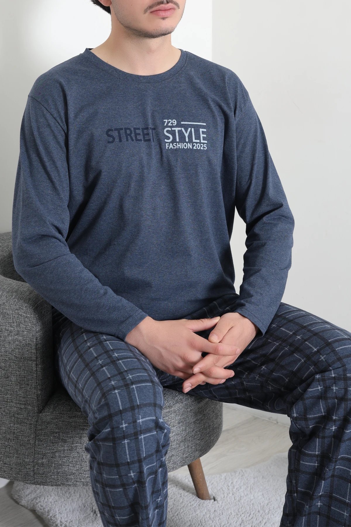Süprem Ekose Bisiklet Yak Uzun Kol Cepli Erkek Pijama Takımı Lacivert