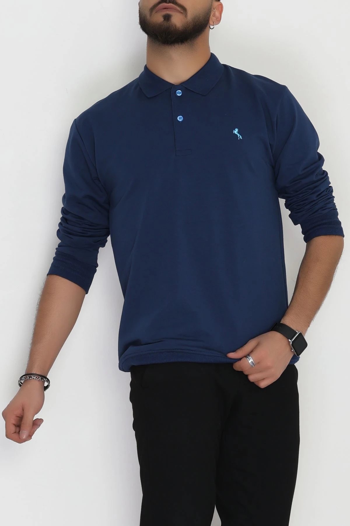 2 İplik Likralı Polo Yaka Erkek Sweat Lacivert