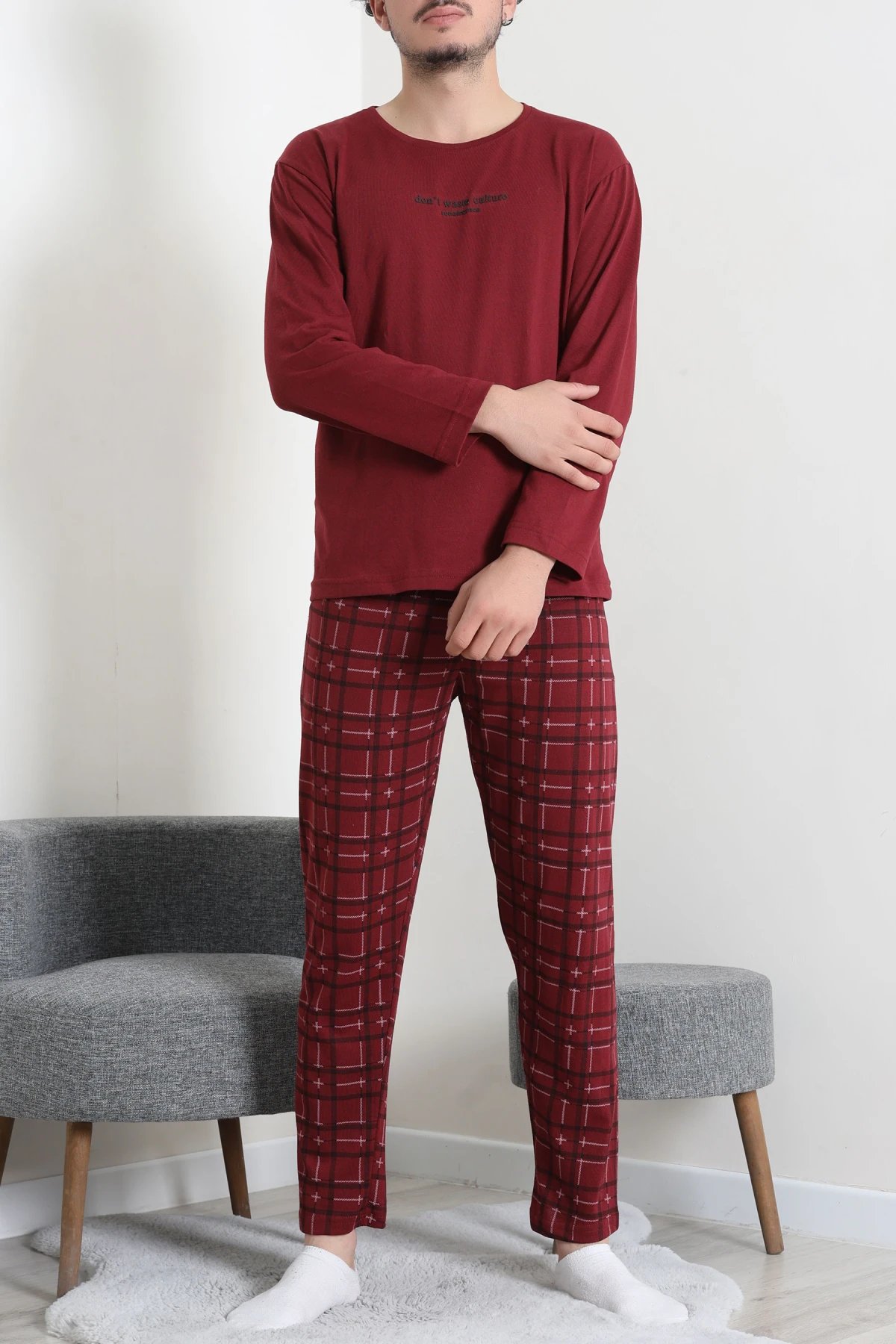 Süprem Ekoseli Baskılı Erkek Pijama Takımı Bordo