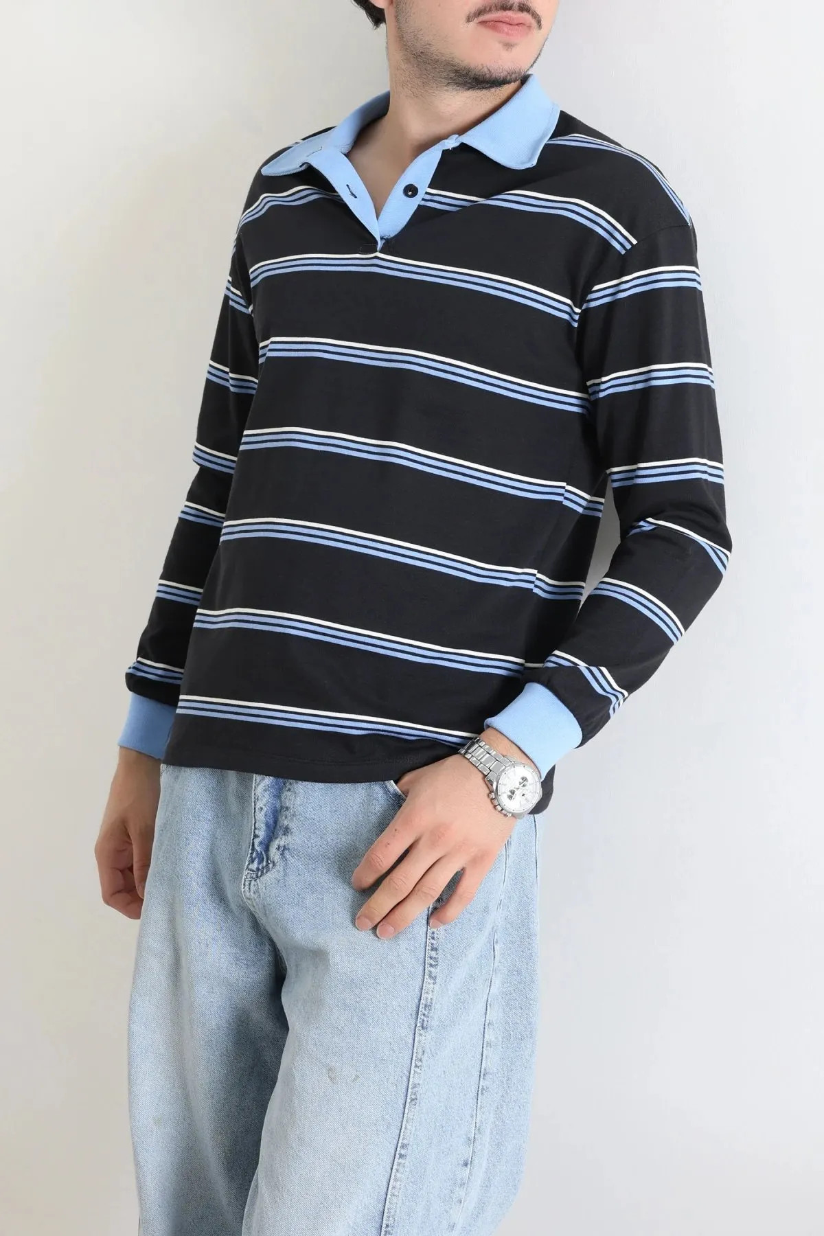 Polo Yaka Çizgili İnterlok Erkek Sweat Lacibeyaz