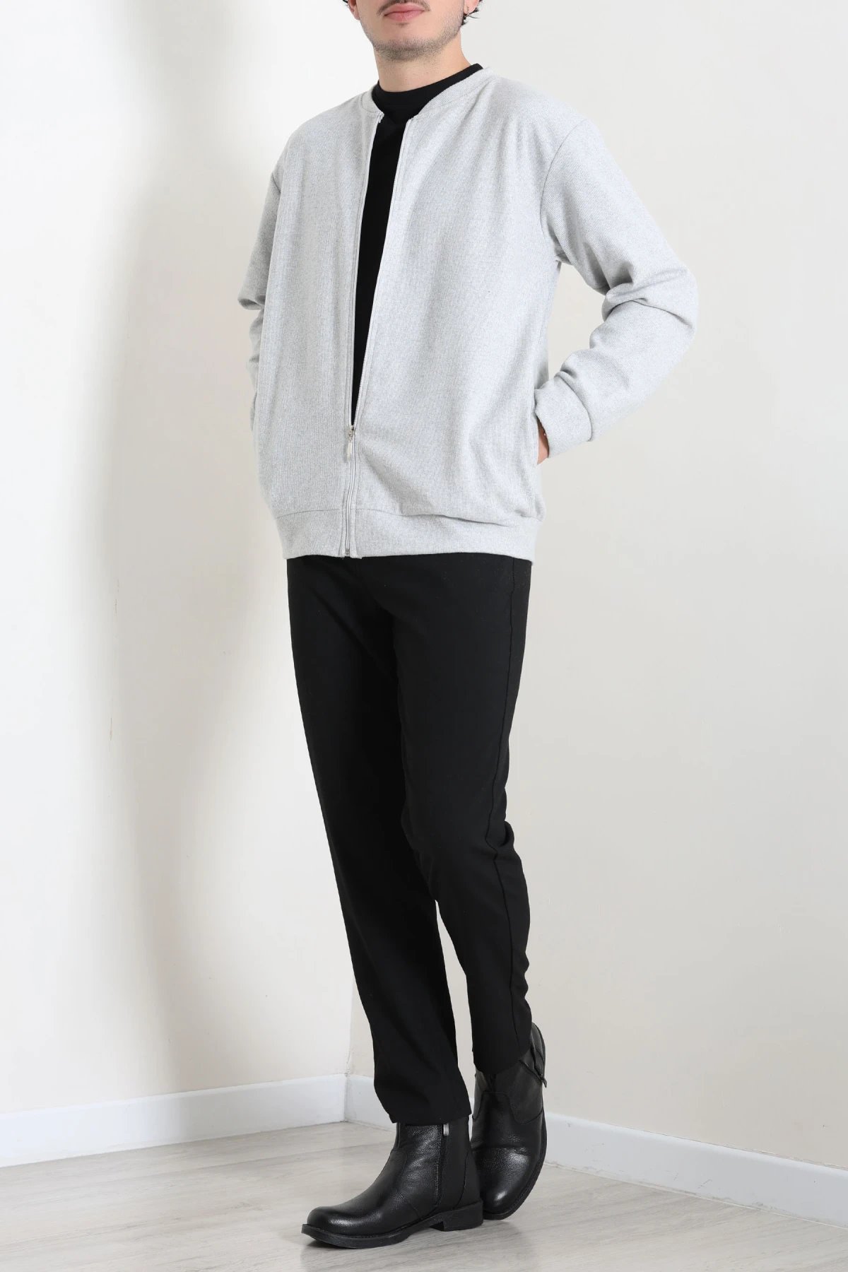 Fermuarlı Selanik Kumaş Erkek Sweat Gri