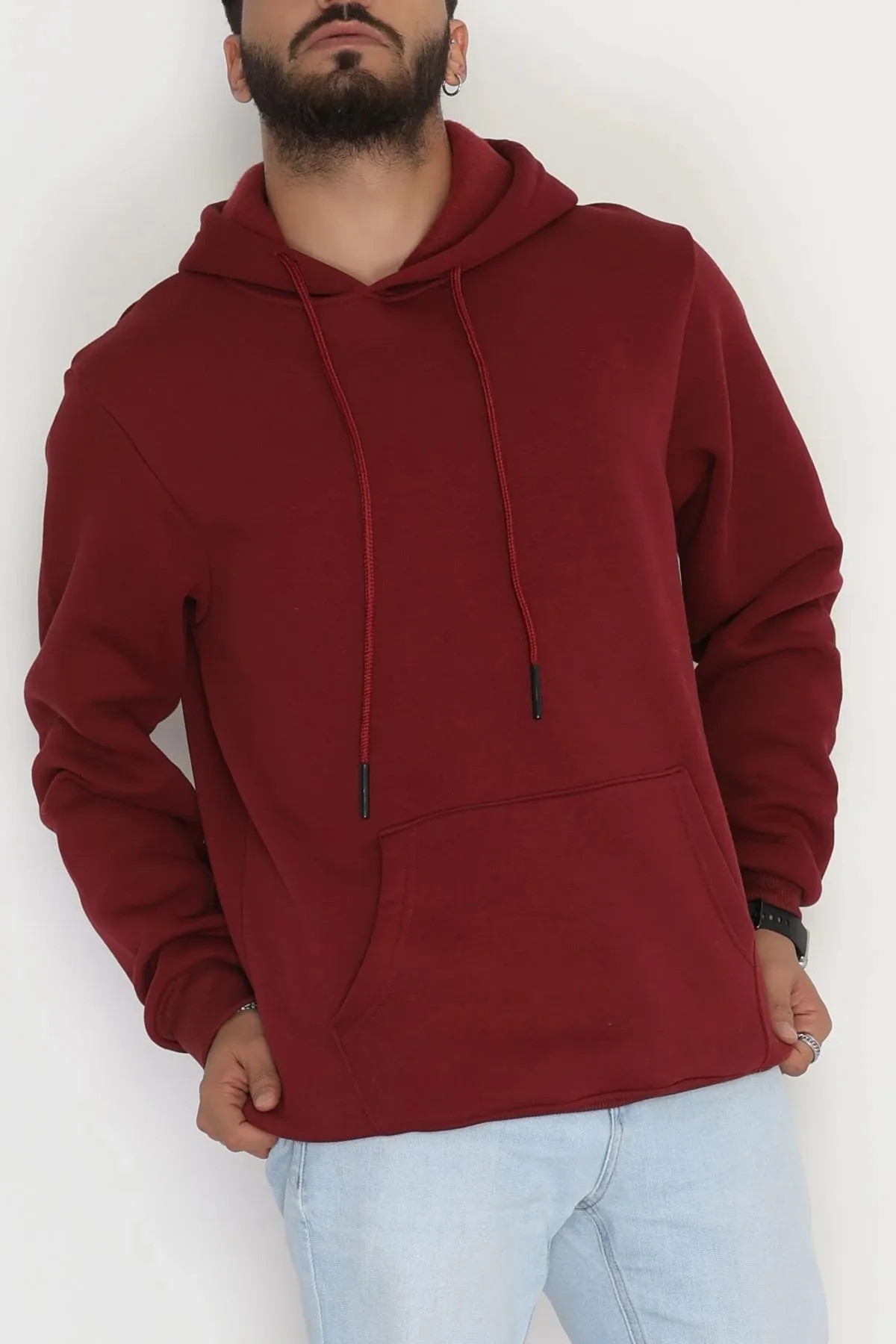 Kanguru Cepli Şardonlu 3 İplik Erkek Sweat Bordo