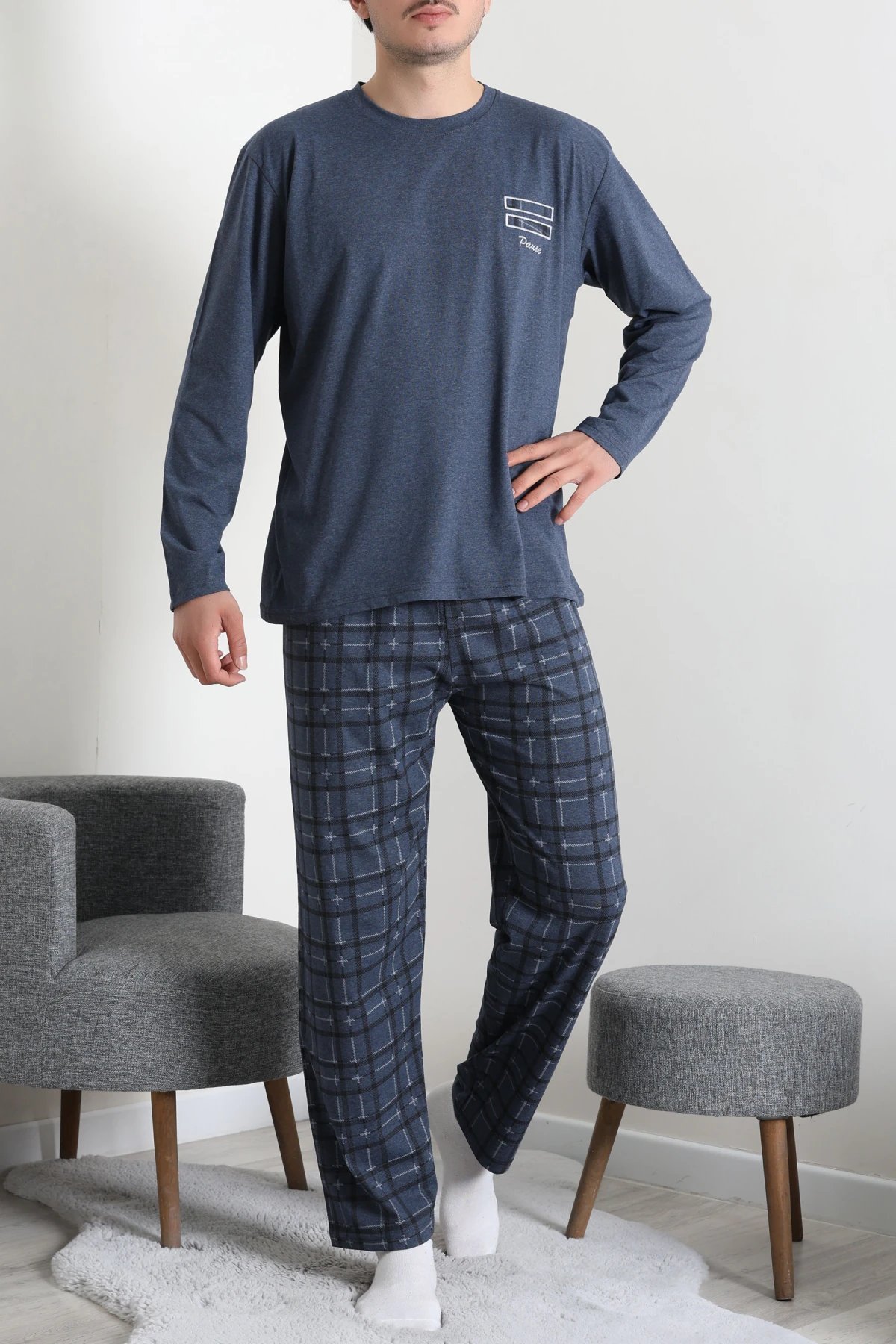 Süprem Ekose Bisiklet Yak Uzun Kol Cepli Erkek Pijama Takımı Koyumavi