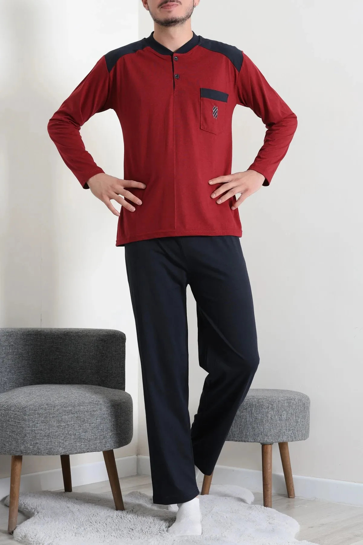 Süprem Nakışlı Erkek Pijama Takımı Bordo Model TV-96898