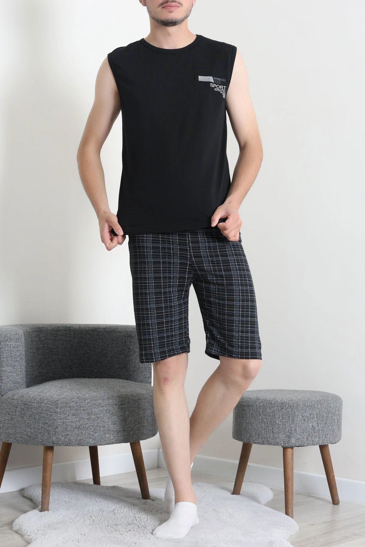 Süprem Ekose Şortlu Erkek Pijama Takım Siyahanti