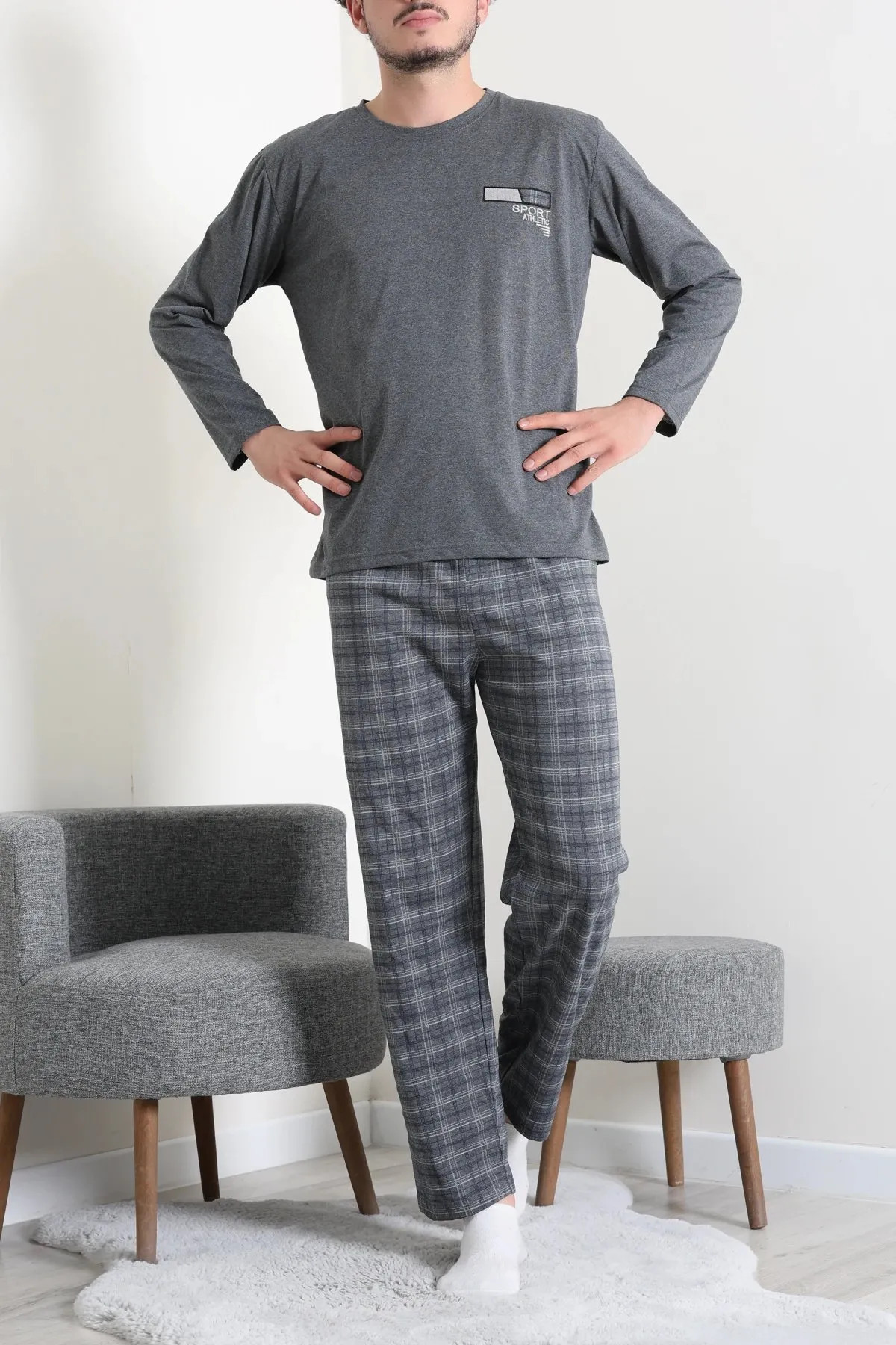 Süprem Ekose Erkek Pijama Takımı Füme