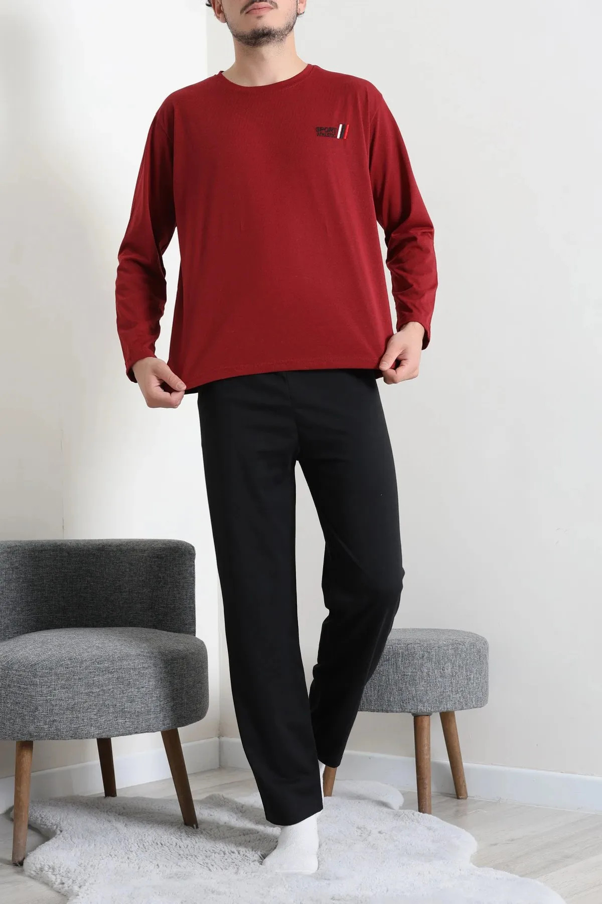 Süprem Nakışlı Erkek Pijama Takımı Bordo Model TV-96899