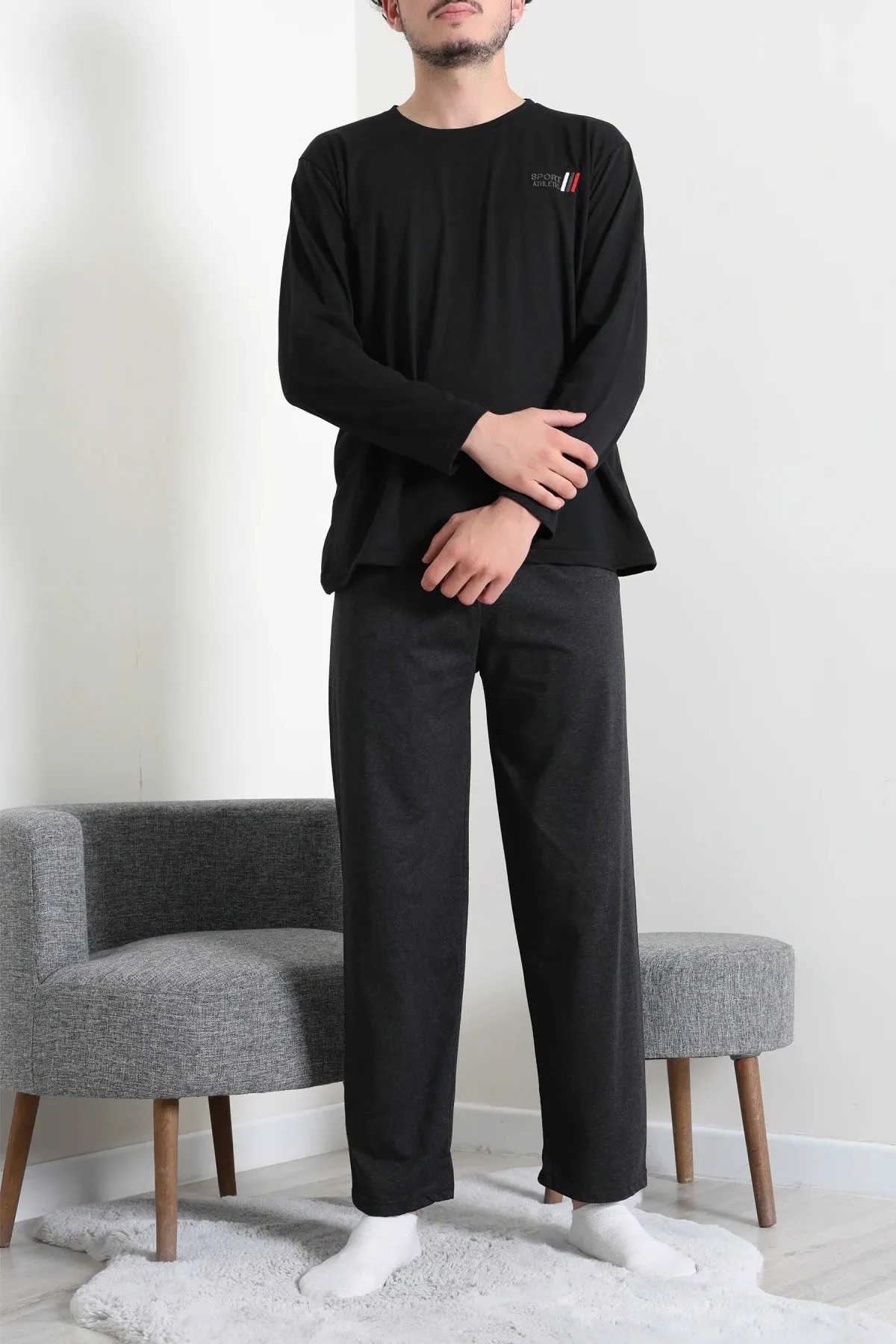 Süprem Nakışlı Erkek Pijama Takımı Siyah