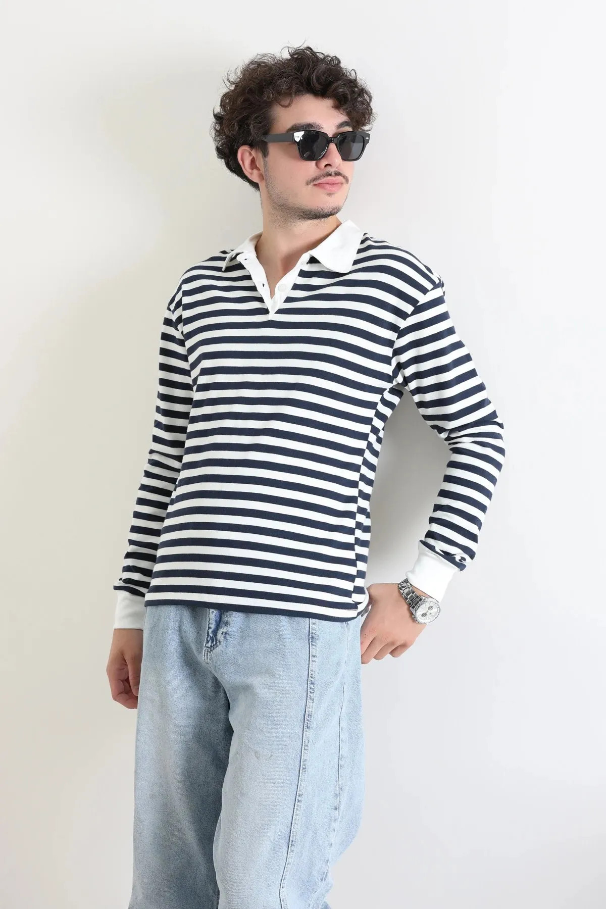 Polo Yaka Çizgili İnterlok Erkek Sweat Lacibeyaz