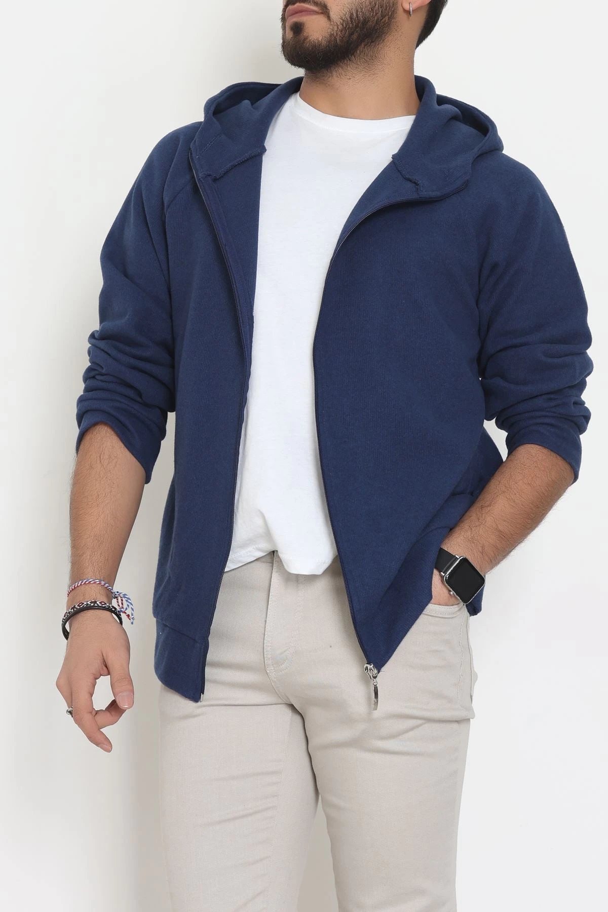 Selanik Kumaş Kapşonlu Erkek Sweat Lacivert