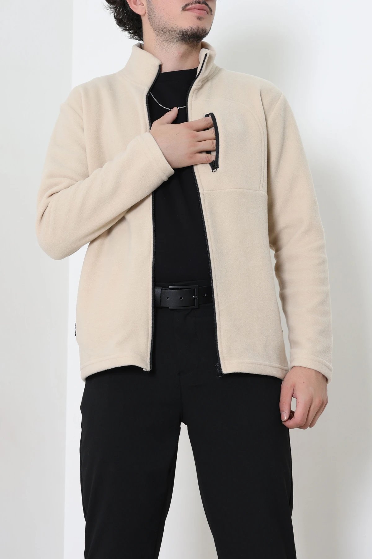Polar Tam Fermuarlı 3 Cepli Erkek Outdoor Sweat Bej