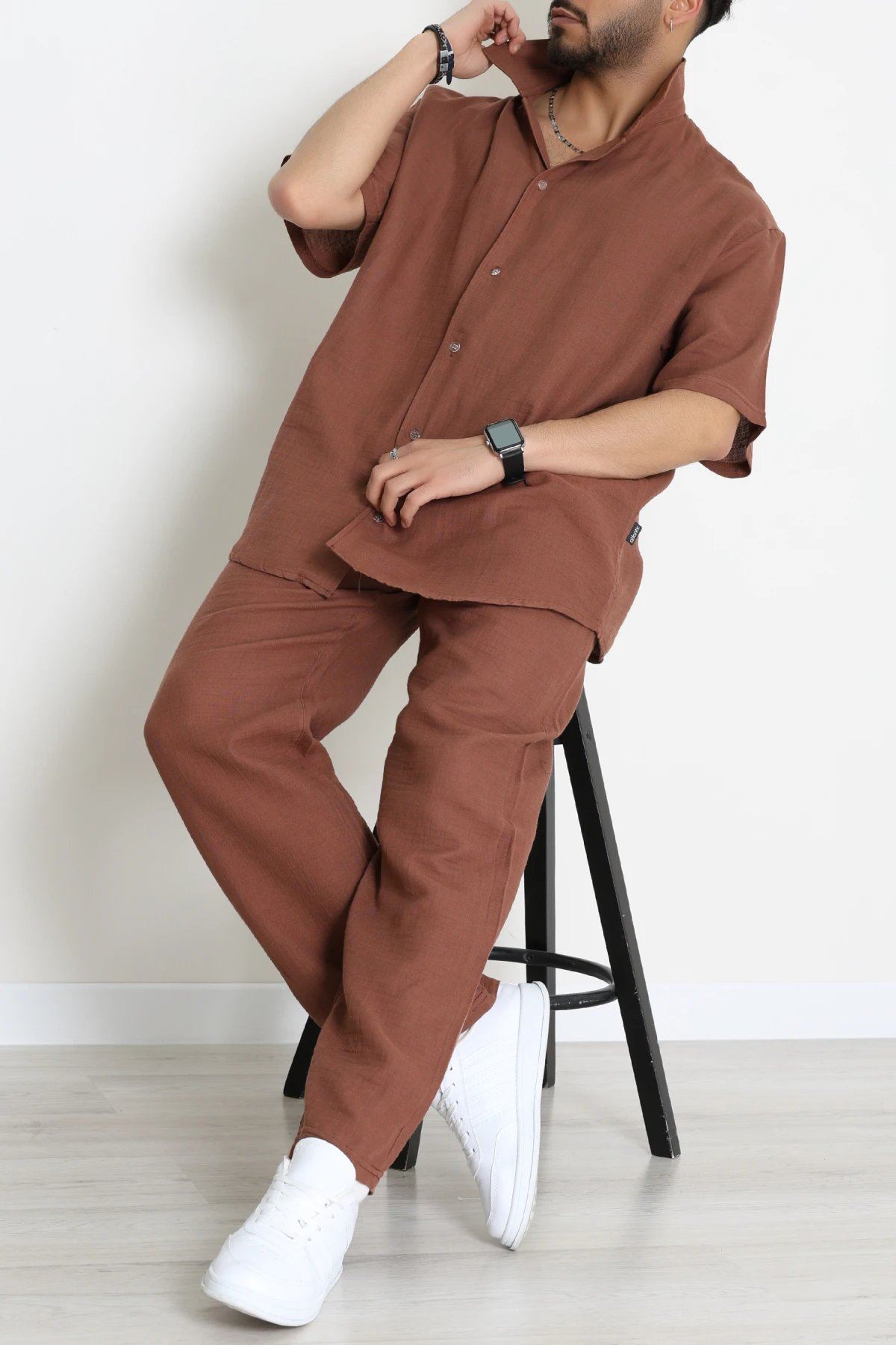 Oversize Müslin Gömlekli Takım Açıkkahve - 71229.1937.