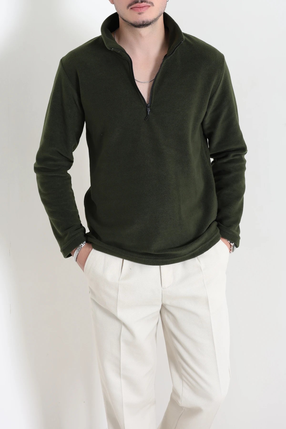 Yarım Fermuarlı Polar Erkek Sweat Haki