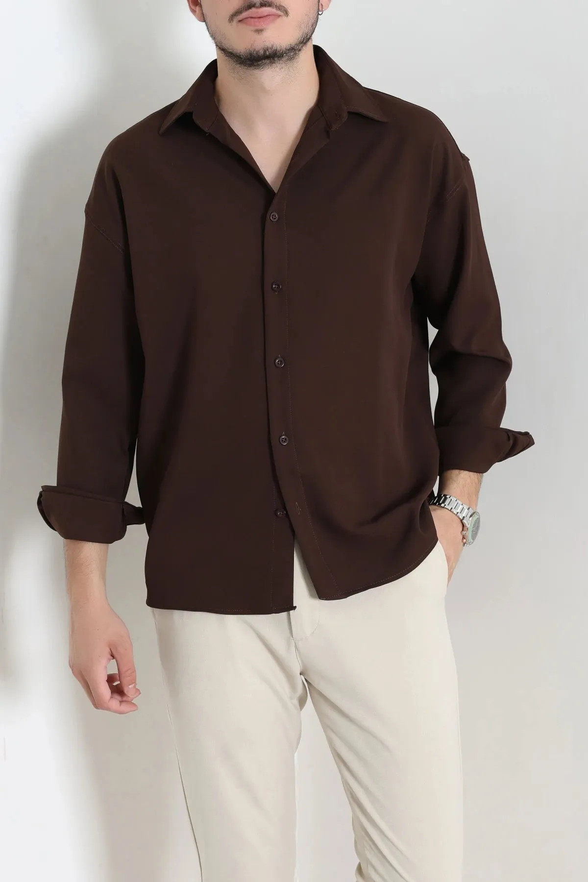 Oversize Dabıl Erkek Gömlek Kahve