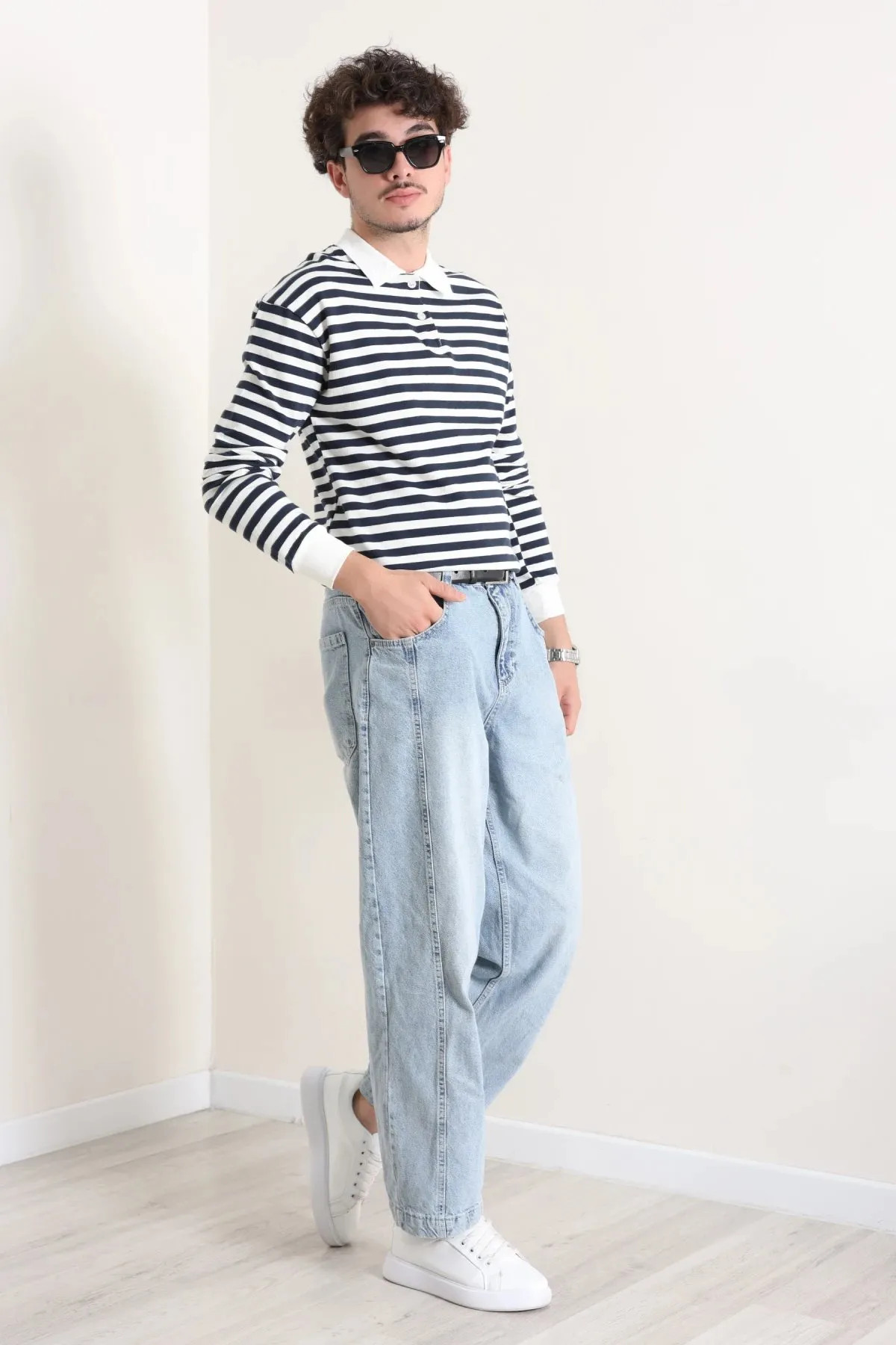 Polo Yaka Çizgili İnterlok Erkek Sweat Lacibeyaz