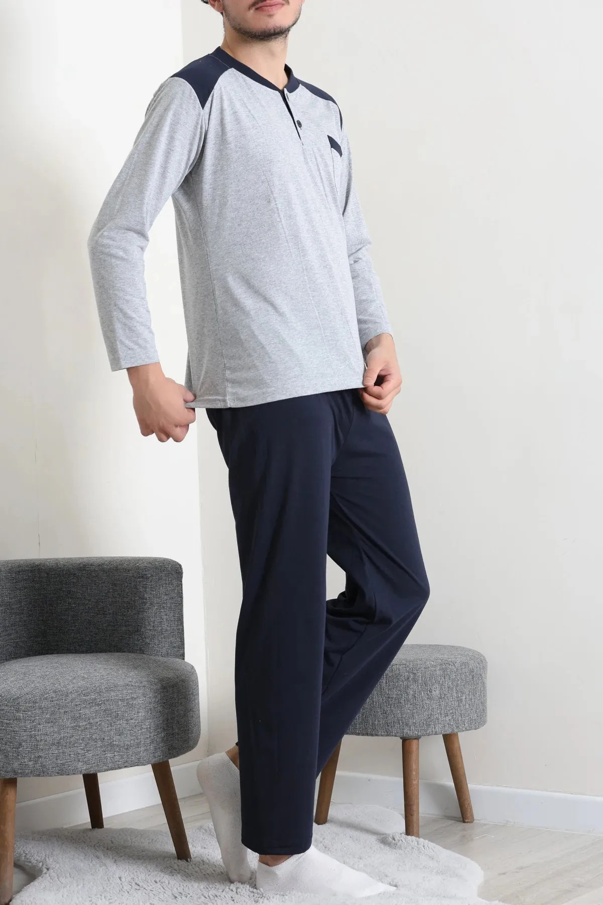 Süprem Nakışlı Erkek Pijama Takımı Gri