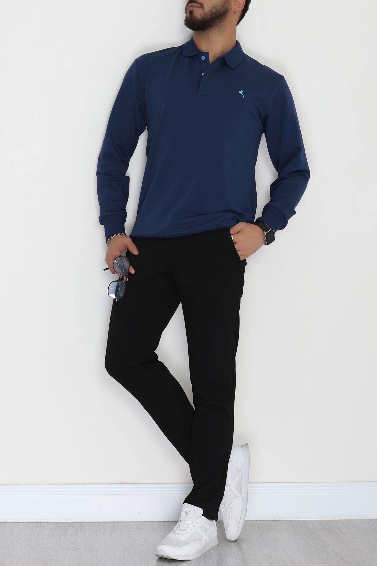 2 İplik Likralı Polo Yaka Erkek Sweat Lacivert