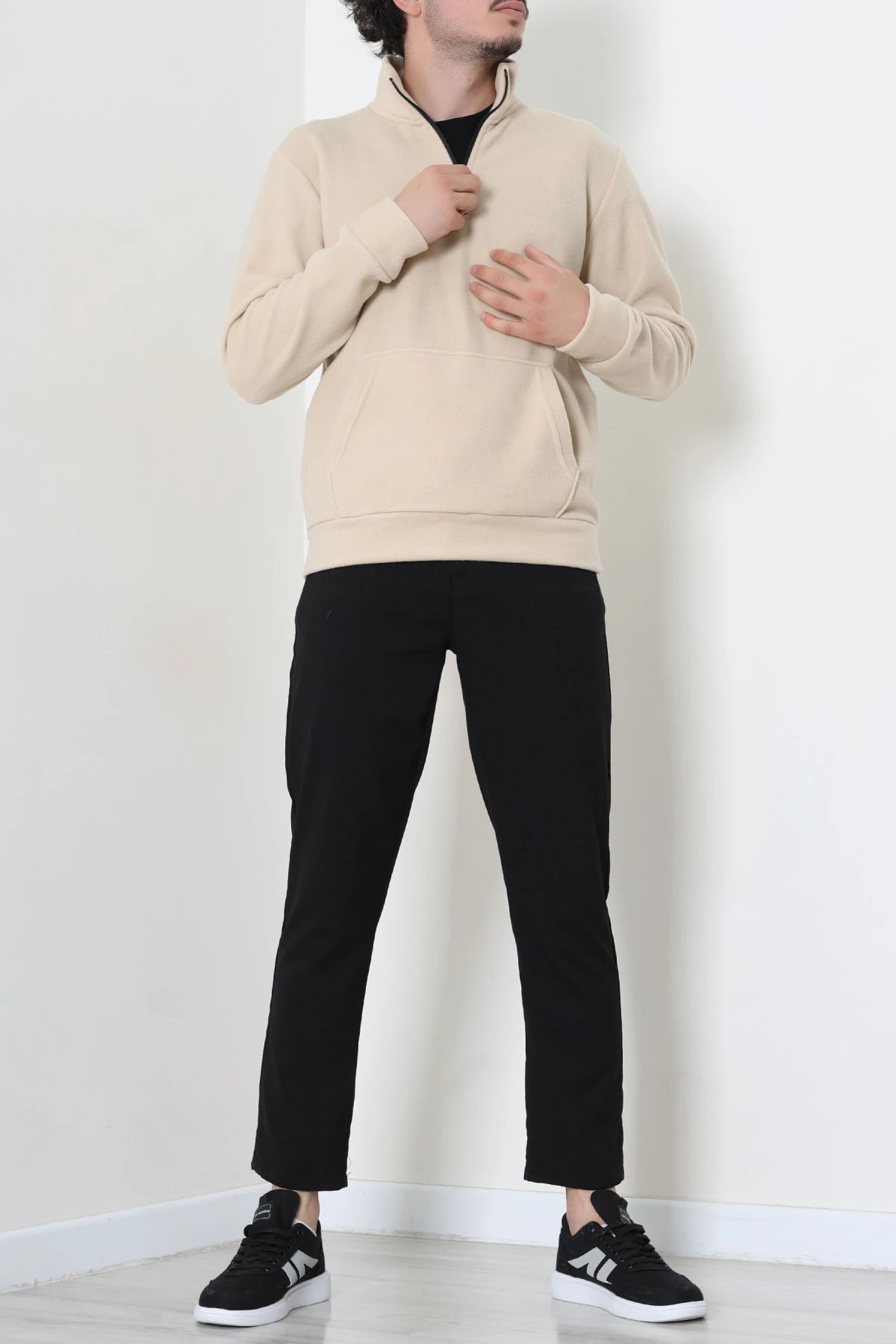 Yarım Fermuar Kanguru Cepli Erkek Polar Sweat Bej