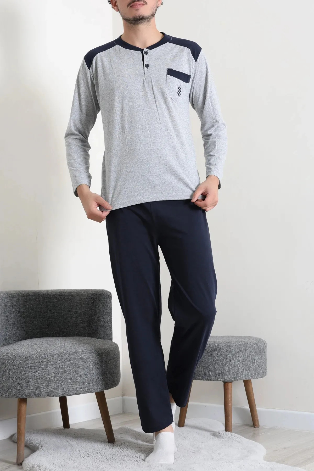 Süprem Nakışlı Erkek Pijama Takımı Gri