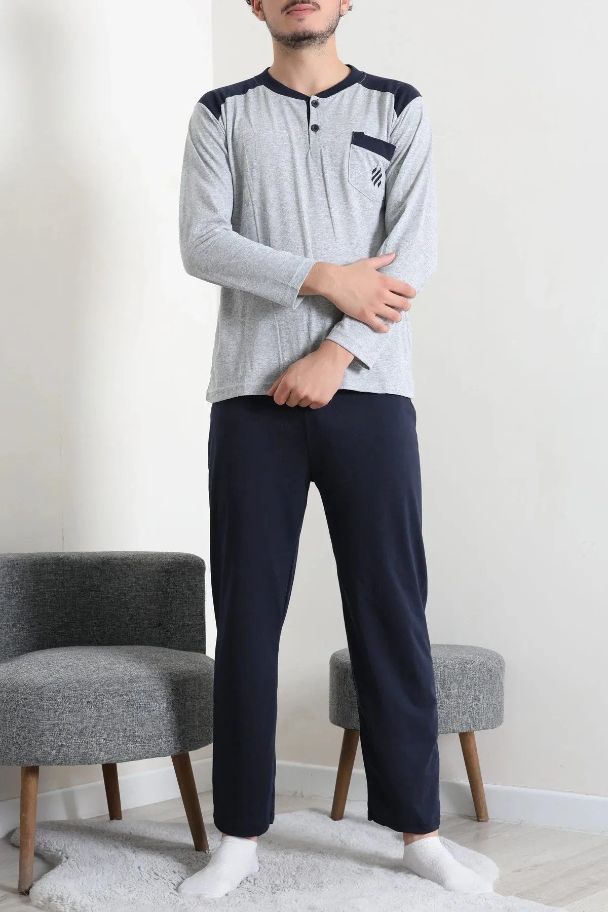 Süprem Nakışlı Erkek Pijama Takımı Gri